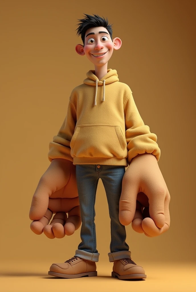 Draw me a nice, tall man with a puppy-like face and big hands.