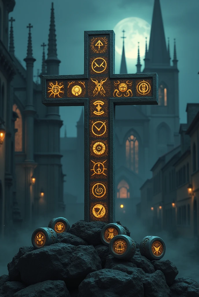 Main cards of the deck with dice inside a crucifix formed by dice with a Roman church in the background and the middle in moonlight