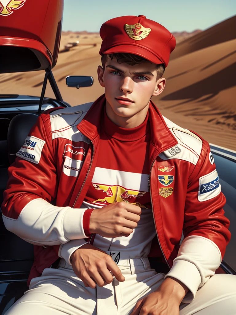  illustration in Leyendecker style;  a close up of a young man wearing a red and white jacket, max verstappen, petra collins, portrait a 1 8 - year - old boy, motorsports photography, for a catalogue, 1 9 8 0 s catalogue photo, small hat, uncropped, funny professional photo, national geographic photos, heavily upvoted, 1 / 4 portrait, no hd, high res photo