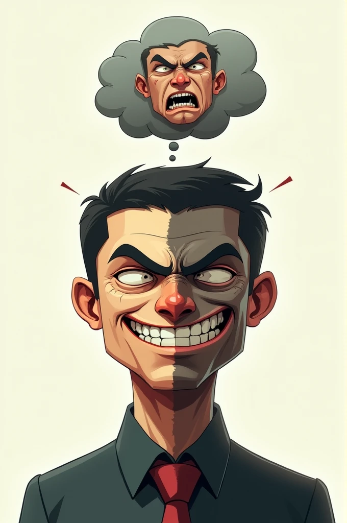 1. **fund**: Use a simple background, like a clear wall, to highlight the figure.
2. **persona**: Draw a figure of a person in a front position.
3. **muka**: On the person's face, draw two different faces. One side should have an angry expression, with furrowed brows and a closed mouth. The other side must show a fake smile, with eyes perhaps a little forced to give the idea that it is not sincere.
4. **thought balloon**: above the person's head, draw a thought bubble. Inside the balloon, put the face with the angry expression, as if it were what the person was really thinking.
5. **Colors and Details**: Use contrasting colors for facial expressions and add details like sweat or veins on the angry side to emphasize the emotion..