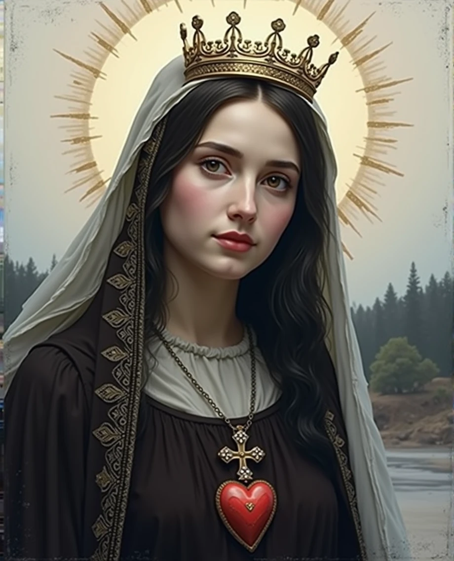 Our Lady of Fatima, Mary of Catholicism, face of mary, face perfect, rosto angelical, blackquality hair, white veil, ultra realisitic, wall-paper, super realistico, beautiful  face, heavenly beauty, Catholic, holy mary, Mother of God, only upper part, Heart of Our Lady of Fatima, slightly-smile, cute face, facial expression of tenderness, slightly-smile, Maternal love, standing alone, perfect youthful face, detalhes super realistico, extreme detailed face, PICTURE REALISTIC, detail in the calm eyes, detalhe no face perfect, perfect catholic image,incredible beauty , gold and diamond crown, beautiful heart, Catholic Heaven.