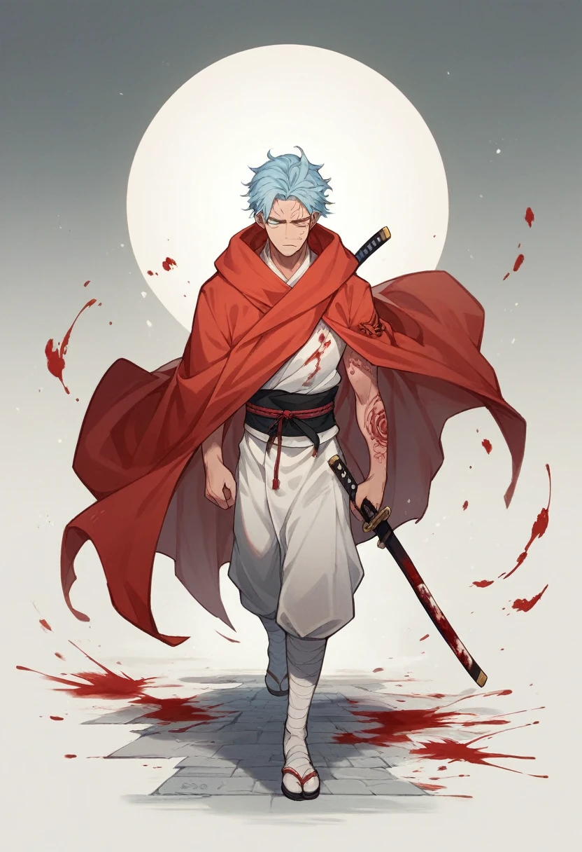 a samurai with dark blond hair, with light blue eyes and his left eye closed by a scar, with a red cloak full of blood, walking over corpses, in his hand a katana full of blood and with a dragon tattoo on his right hand