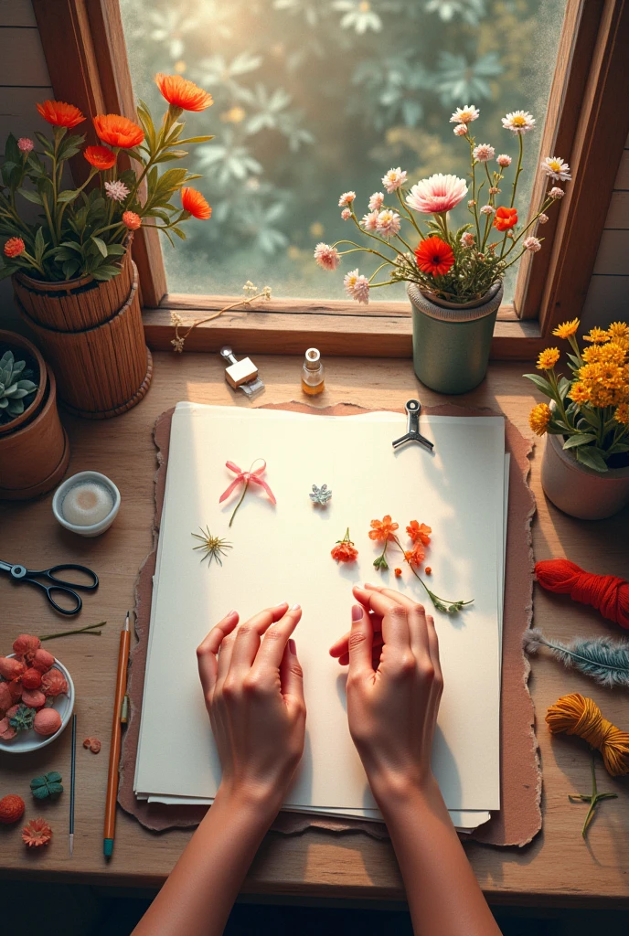 welcome image ,hands that create, with craft workshop background,pencil,notebooks,scissors,Screens ,threads ,flores ,feathers