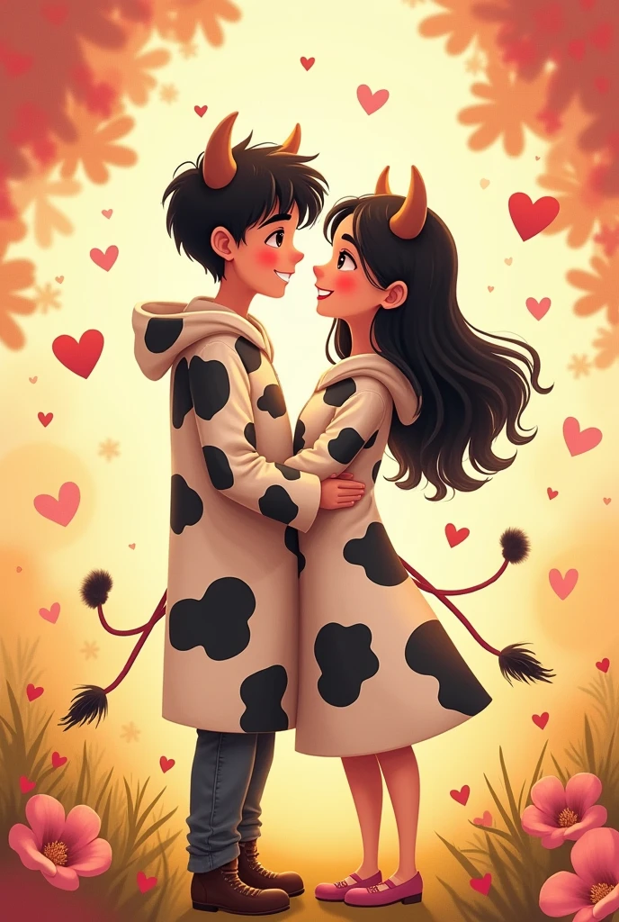 Chelsea and Daniel have black hair, dressed as a cow together forever happy because they celebrate months as a couple