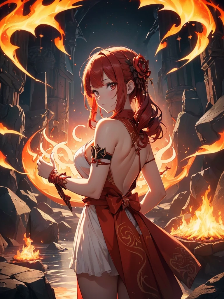 (((best quality, sharp image, clear image, cinematic lighting, 8k resolution, masterpiece, ultra detailed, intricate))) Girl, (((looking over shoulder))), shot from behind, ((half shot)), fire mage, cute, fiery red hair, pigtails in hair, (intricate dress), (white dress), ribbons in hair, smiling, fiery red, ((intricate Portal background)), ((fire magic)), candles, ((glowing runes on skin)), (flame patterns), ((fiery lotus flowers)), busy background., ((fire sigils)), (rock formations), Exploding rock, lavafalls, gauntlets, ((Red rubies)), busy background.