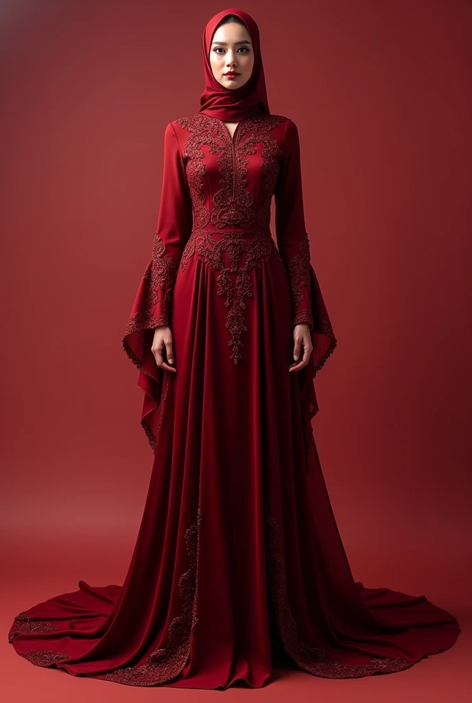 I want a dress to wear at my sister's wedding. I want it to look like long elegant bloody red but gives cool vibes. And it would be great if I can take of or change one peace of fabric on my dress and it should look like different dress. Like I wear 2 dresses for my sister's wedding. I live in an Islamic country
