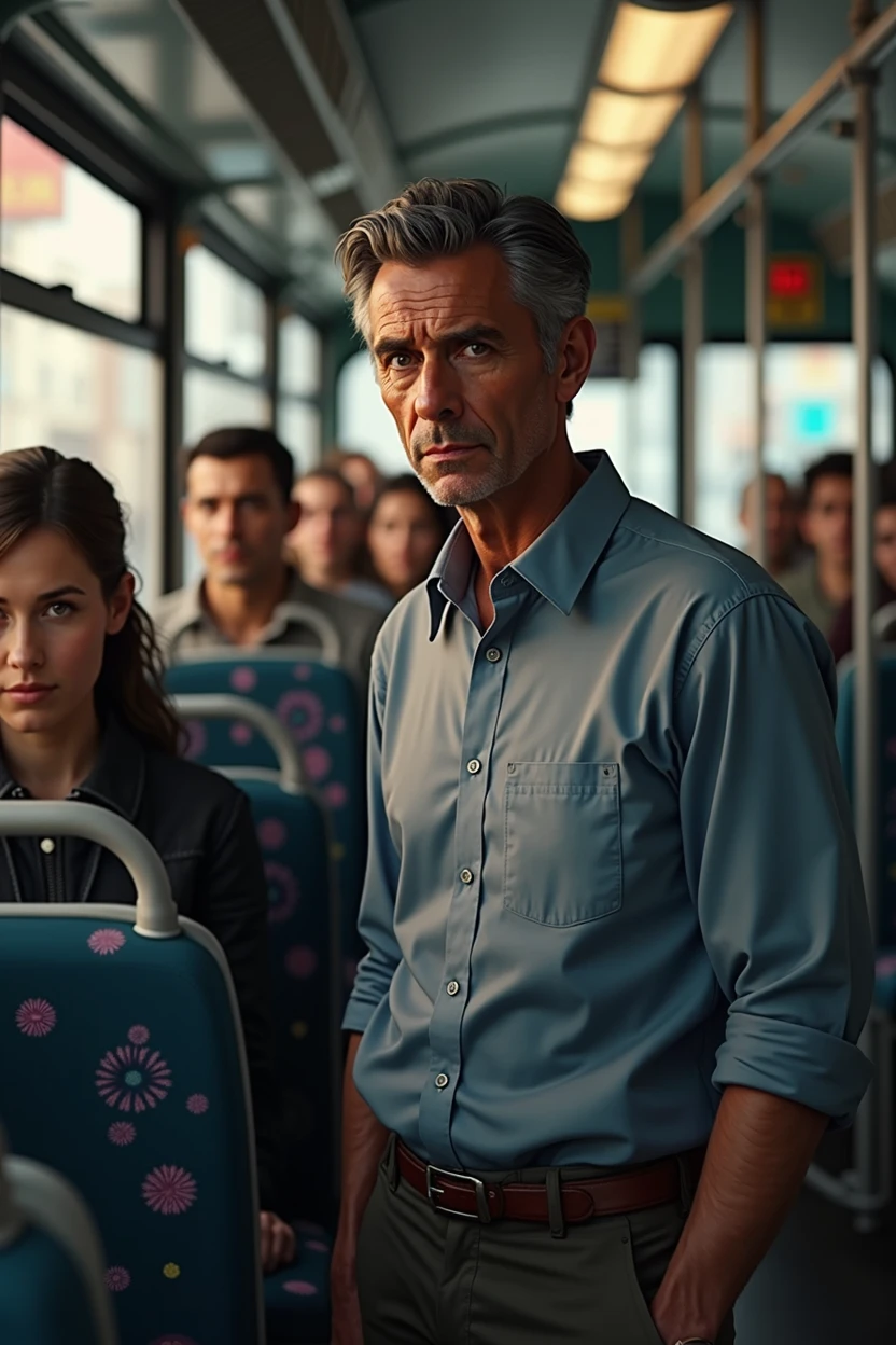 You can make a picture of a man on a bus looking deeply into the passengers
