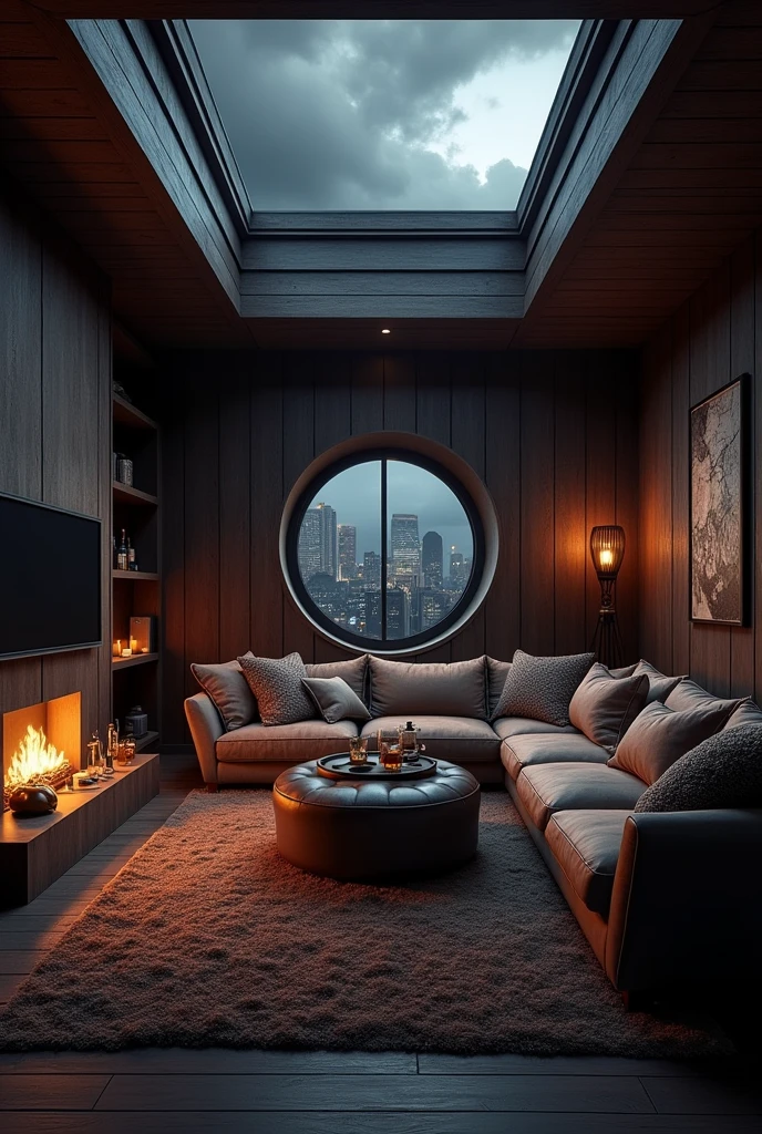 Large cozy den room, rainstorm dark clouds, L shaped couch, pillows, blanket, fireplace, electric guitar, medium tv, surround sound speakers, whiskey, skylight, round window, sexy, homey, dark gentleman decor, candles
