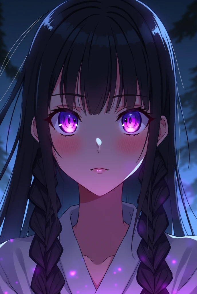 A woman with Braided bangs dark brown hair and purple eyes in jujutsu kaisen style