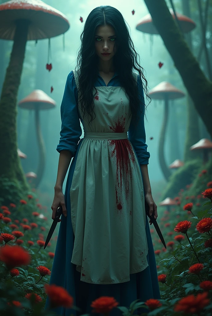 A movie poster, with a black haired, green eyed one, wearing a blue dress with a bloody white apron,  and holding a knife in his hand, No fundo,  a forest with giant mushrooms and red flowers, and playing cards falling from above 