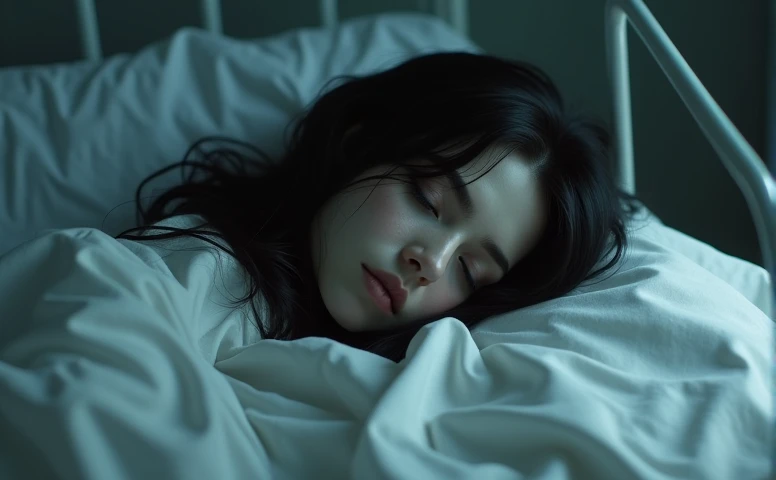 Dark haired woman, with the left side of his face covered by a scar, sleeping in a hospital bed, 
