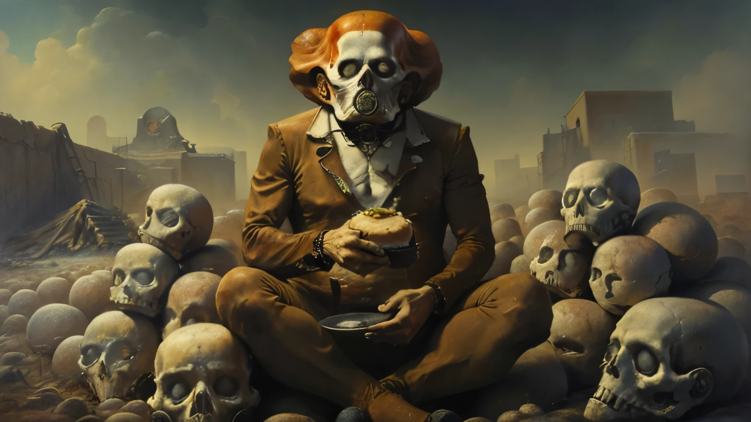 A picture, where Ronald McDonald is eating a cheeseburger, sitting on a pile of bodies, author: dzhavadzki, Ronald McDonald, (masterpiece), ((4K)), high quality, sit on a pile of corpses, skulls around the background, Mcdonald 's,