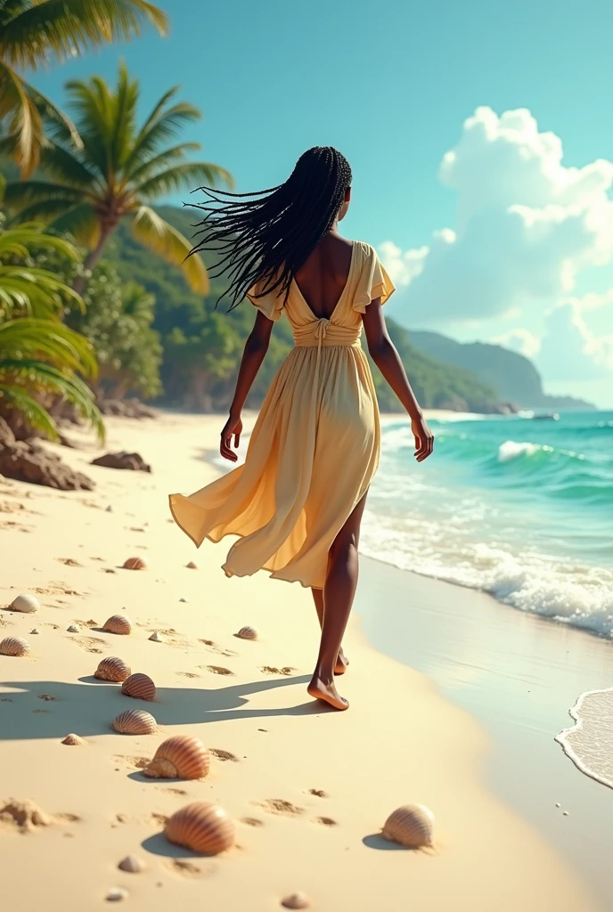An African woman walks on the beach and collects seashells