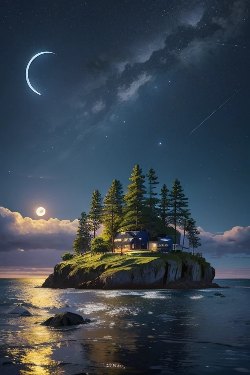 8k, Highest quality, masterpiece, Super detailed, Ultra-high resolution, Fantasy, Midnight, The moon is out, isolated island
