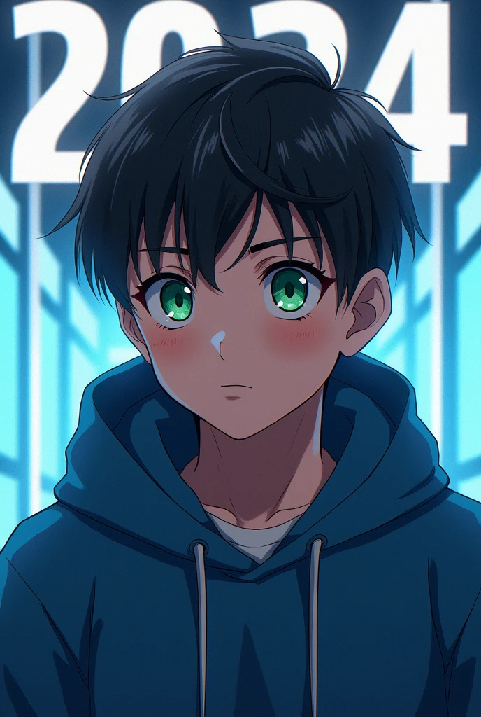 anime teen boy with blue hoodie,green eyes and dark brown hair with a background that says 2024 in white and blue background