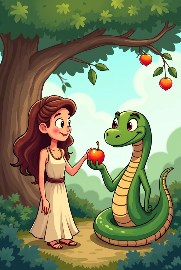Eve being tempted by a serpent offering a fruit from the forbidden tree, in a friendly cartoon style. Only the outlines of cartoon characters and elements for coloring
