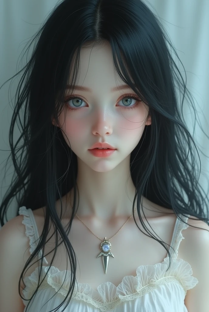 Beautiful young girl beautiful pale skin 13 years old long black hair blue eyes naked