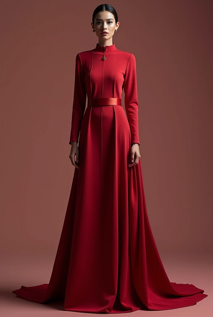 Asian woman in red satin long gown, wear modern hijab, mermaid-style, fabric clings tightly, immobile, wear outer, full-body encapsulation, entirety of fabric about 7 meters in length trailing dramatically, overlong satin train, extreme detail on the texture of the satin, highlighting its reflective quality, cinched at the ankle, sexy random pose outdoor, dramatic lighting, ultra realistic, high-resolution photography.