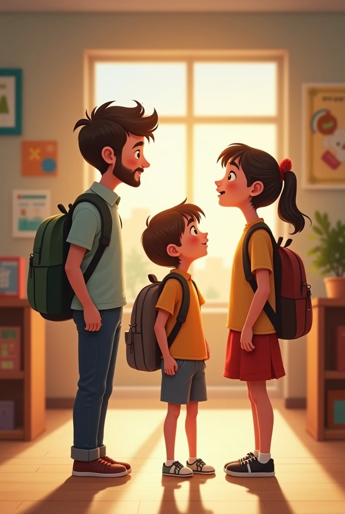 Two friends and father talking in a school 