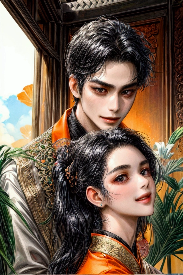 Couple, man and woman, black hair, bali attire, masterpiece, best quality, realistic, quiet and charming, 29 years old, black eyes, serious, extremely detailed face, smile,((black hair)), [ eyebrows], orange suit, bali temple, accurate, detailed