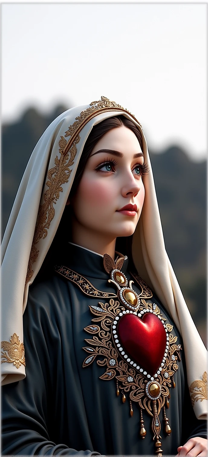 Our Lady of Fatima, Mary of Catholicism, face of mary, face perfect, rosto angelical, blackquality hair, white veil, ultra realisitic, wall-paper, super realistico, beautiful face, heavenly beauty, Catholic, holy mary, Mother of God, only upper part, Heart of Our Lady of Fatima, slightly-smile, cute face, facial expression of tenderness, slightly-smile, Maternal love, standing alone, perfect youthful face, detalhes super realistico, extreme detailed face, PICTURE REALISTIC, detail in the calm eyes, detalhe no face perfect, perfect catholic image,incredible beauty , gold and diamond crown, beautiful heart, Catholic Heaven.