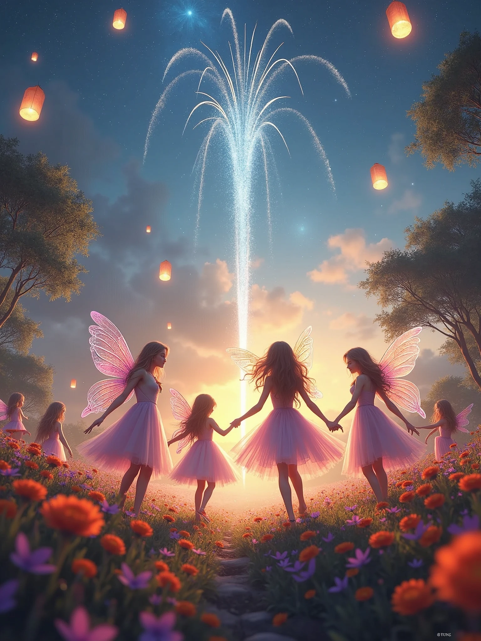 Infinity" realm" Magic" Celebration" create a magical scene in the heart of a fairy kingdom. Show a group of fairies and fantastic creatures celebrating an enchanted . Fairies are dancing in a field of bright flowers, with an atmosphere of pure joy. Each fairy displays an expression of intense happiness and pleasure., with radiant smiles and shining eyes. Some fairies are throwing magic dust that lights up the scene with vibrant colors. The scene should include floating lanterns, A starry sky, and a magic fountain in the background. Lighting should enhance the bright details and the sense of enchantment. low angle, focusing on a panoramic view of the . High definition pixel, to capture subtle details of magical expressions and elements. Filter with vibrant colors and glow effects to enhance the magical atmosphere. Framing including several fairies in different poses, interacting happily, with the magic fountain and lanterns in the background.