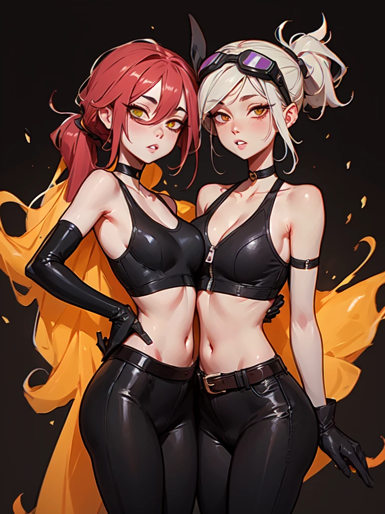 Physical Appearance:
Hair: Orange with black highlights, tied into two ponytails shaped like jaws, similar to Mawile from Pokémon.
Eyes: Pink, bright, and expressive.
Build: Slim and athletic.
((two girls)) ,longitud media del cabello,Masturbation behavior, chorros, orinar, Pussy juice, Pussy, clitoris, public, They are standing, polera rota abierta, muchos fluidos, ahegao expretion
