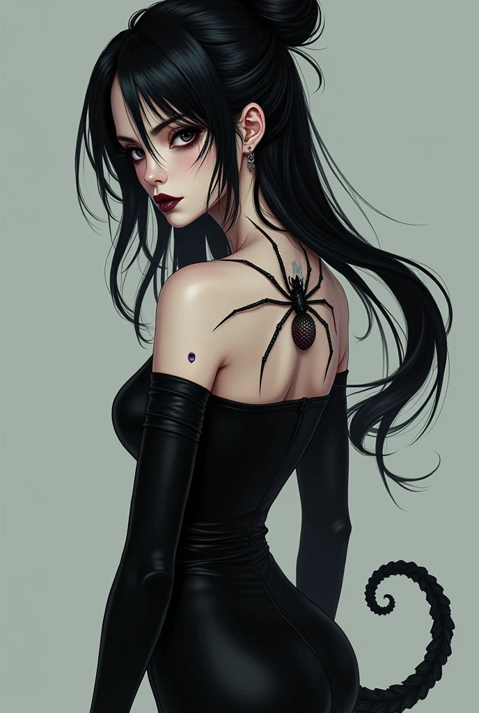 ((Artwork, 8K, extremely detailed, anime style)), 1 woman of Vietnamese ethnicity, long black hair in pineapple bun, spider tattoo on face, black eye iris, black lipstick lip, black off-shoulder dress, black spider tail.