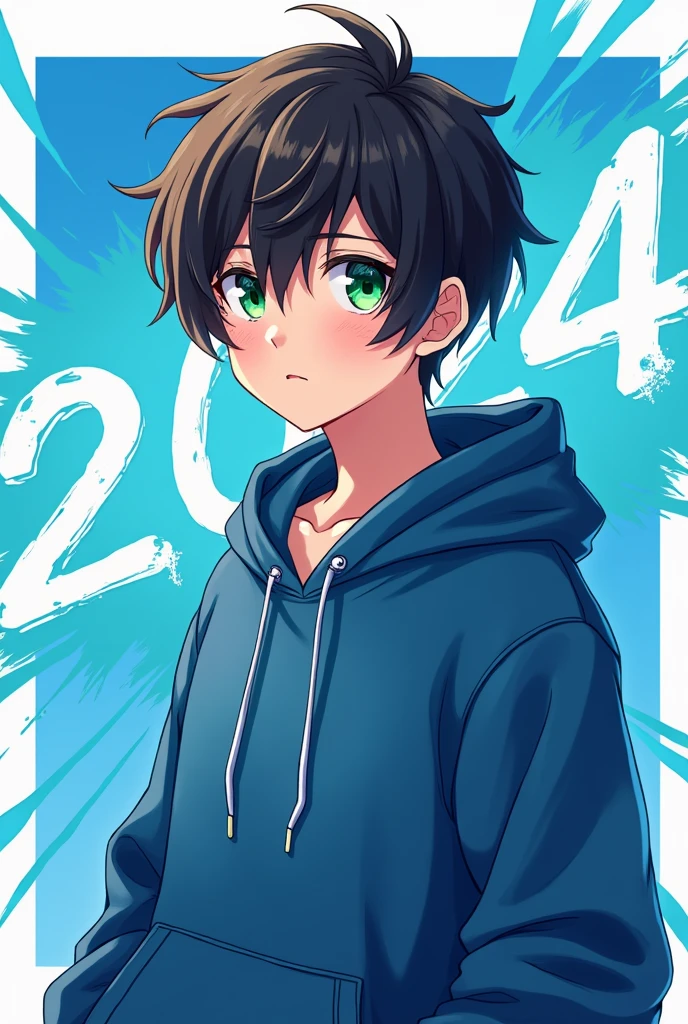 anime boy with blue hoodie,green eyes and dark brown hair with a background that says 2024 in white and blue background