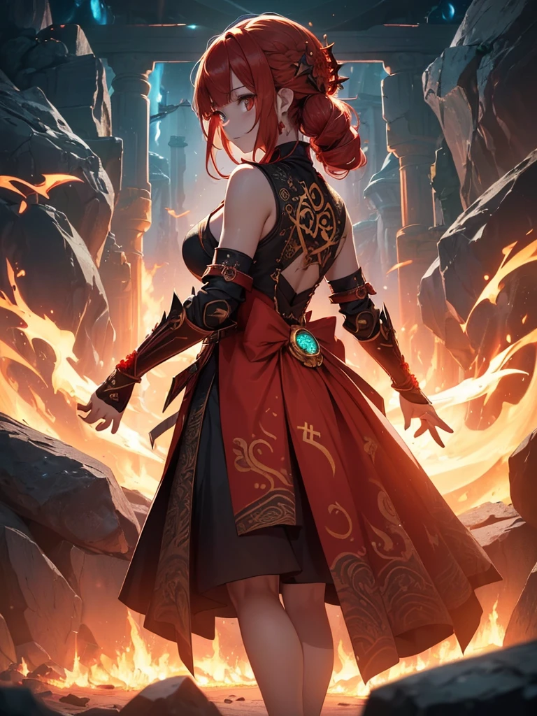 (((best quality, sharp image, clear image, cinematic lighting, 8k resolution, masterpiece, ultra detailed, intricate))) Girl, (((looking over shoulder))), shot from behind, ((half shot)), fire mage, cute, fiery red hair, pigtails in hair, (intricate dress), (white dress), ribbons in hair, smiling, fiery red, ((intricate Portal background)), ((fire magic)), candles, ((glowing runes on skin)), (flame patterns), ((fiery lotus flowers)), busy background., ((fire sigils)), (rock formations), Exploding rock, lavafalls, gauntlets, ((Red rubies)), busy background.