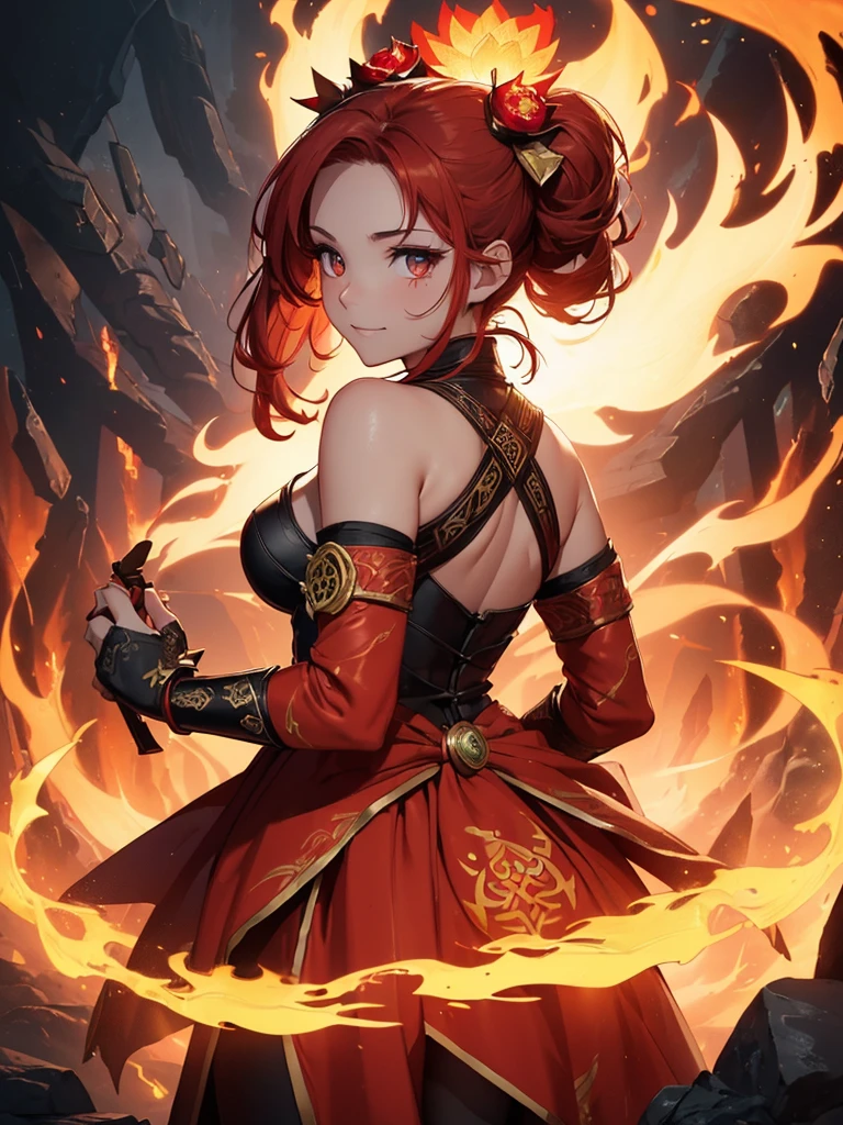 (((best quality, sharp image, clear image, cinematic lighting, 8k resolution, masterpiece, ultra detailed, intricate))) Girl, (((looking over shoulder))), shot from behind, ((half shot)), fire mage, cute, fiery red hair, pigtails in hair, (intricate dress), (white dress), ribbons in hair, smiling, fiery red, ((intricate Portal background)), ((fire magic)), candles, ((glowing runes on skin)), (flame patterns), ((fiery lotus flowers)), busy background., ((fire sigils)), (rock formations), Exploding rock, lavafalls, gauntlets, ((Red rubies)), busy background.