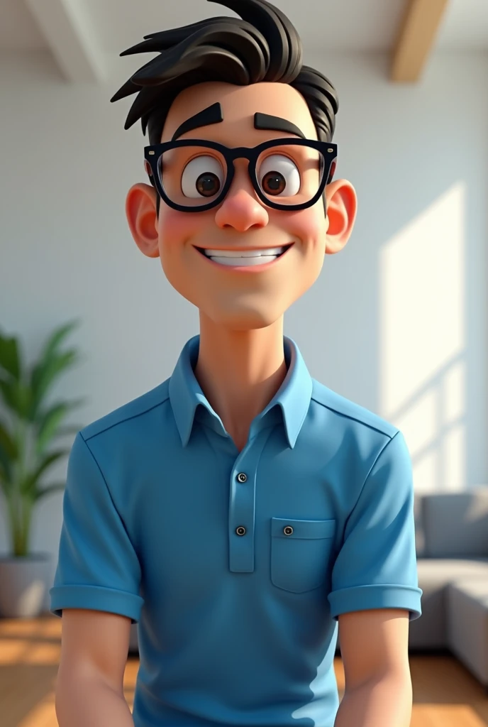 Cartoon character of a man in black glasses and blue shirt, an animated character, stylized character, animation style rendering, 3d stylized, Arnold Maya rendering, Stylized 3D rendering, toon render screenshot, 3d character, 3d character, Stylized 3D rendering, 3D character rendering, cartoon character, Personagem de close up, character posing, (Pixar-style) (master part:1.2) (bokeh) (best qualityer) (skin detailed) (detailed texture) (8k) (Argilla) (cinematic lighting) (sharp focus，Sit down and lift your upper body