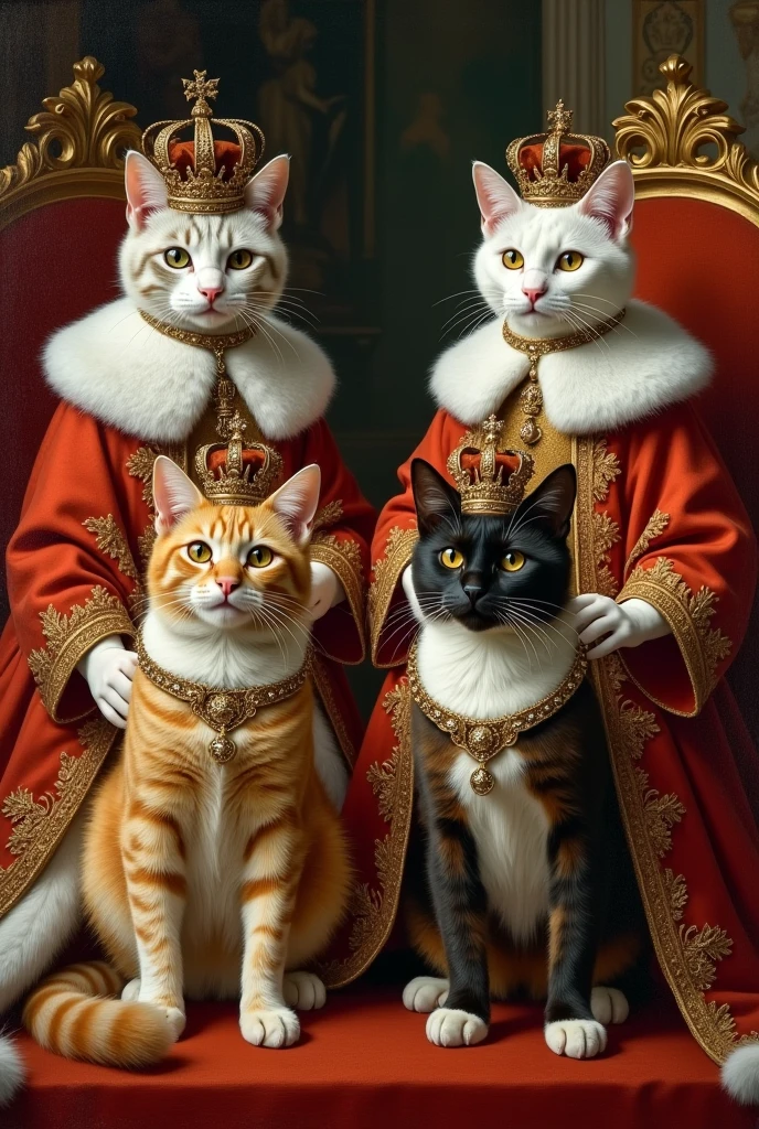Create a painting-type image of an old-fashioned kind of style in the reign of the kings of Spain, that has four cats, a white cat with a few pale grey stripes, an orange-yellow cat, with fainter orange stripes, and a dark brown and light brown Siamese cat, that they have decorations from that time as if they were kings
