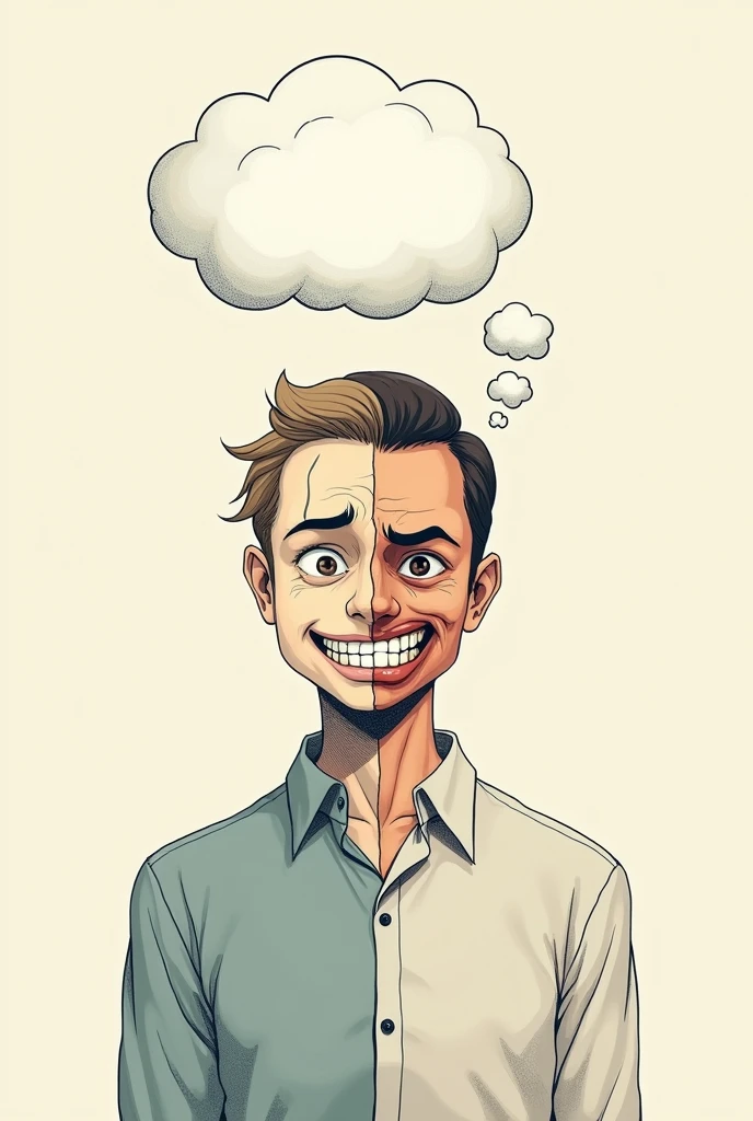
1. **fund**: Use a simple background, like a clear wall, to highlight the figure.

2. **persona**: Draw a figure of a person in a front position.

3. **muka**: The other side must show a fake smile, with eyes perhaps a little forced to give the idea that it is not sincere.

4. **thought balloon**: above the person's head, draw a thought bubble. Inside the balloon, put the face with the angry expression, as if it were what the person was really thinking.

5. **Colors and Details**: Use contrasting colors for facial expressions and add details like sweat or veins on the angry side to emphasize the emotion..