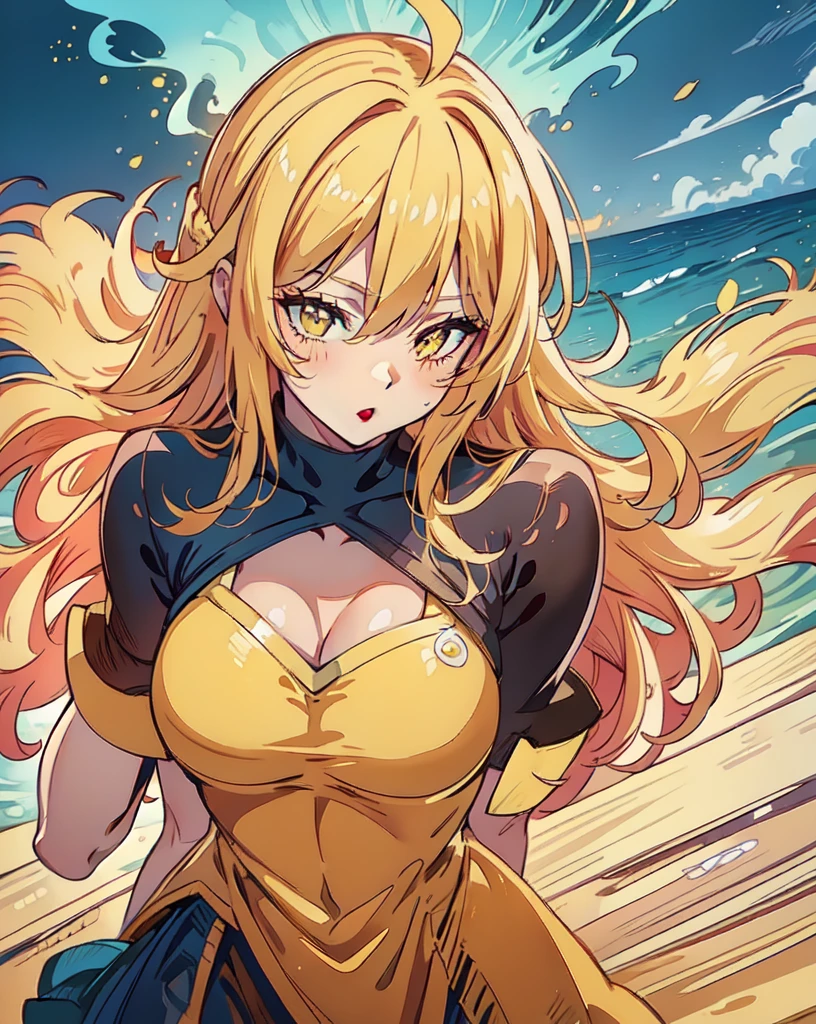 a young woman with long blonde hair, beautiful detailed eyes, beautiful detailed lips, extremely detailed face, longeyelashes, wearing a yellow bikini, surfing on the waves, standing on a surfboard, beautiful ocean landscape, sunny beach, highly detailed, 8k, photorealistic, anime style, vibrant colors, soft lighting, dynamic composition
