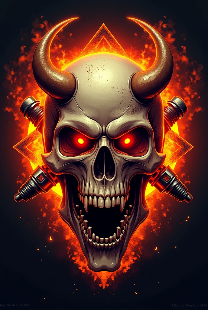 Logo, moto, fire, X-shaped spark plugs, X-piston, motorcycle chain, demon hour, Skull, dorado