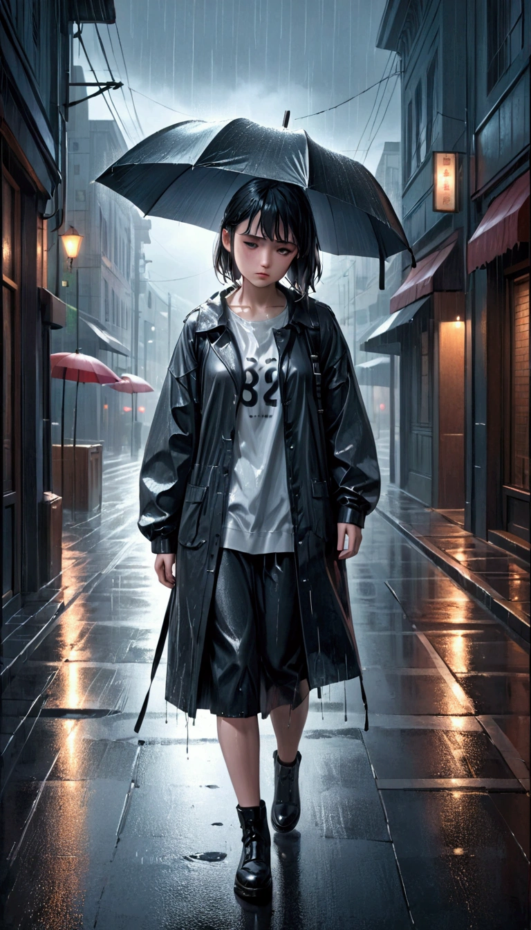 A girl walking in the rain, sad expression, detailed wet clothes, rainy street, dramatic lighting, moody atmosphere, cinematic, melancholy, realistic