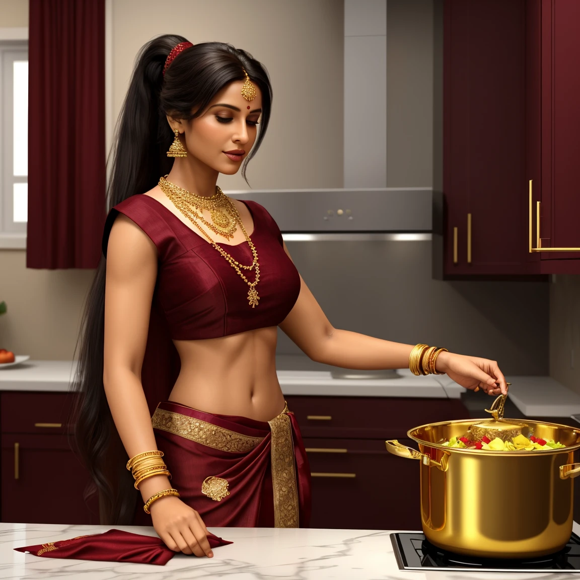 Realistic 3D illustration of a woman cooking in the kitchen in a traditional sari, adorned with rich burgundy fabric with intricate gold embellishments. She stands in profile, her long hair styled in a ponytail, showing that she is cooking in the kitchen. The figure is adorned with several gold bangles and a traditional necklace, set on a plain white background. full body posture