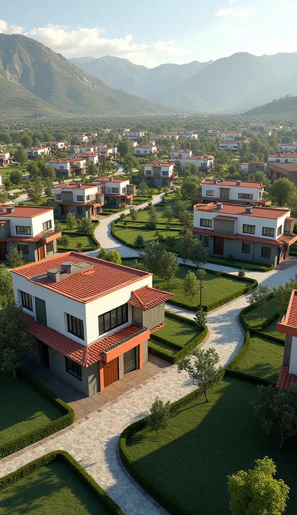 A render of the future development with different houses separated and with a non-futuristic aesthetic that also includes parks, Modern and beautiful Peruvian nationality and green areas with panoramic views