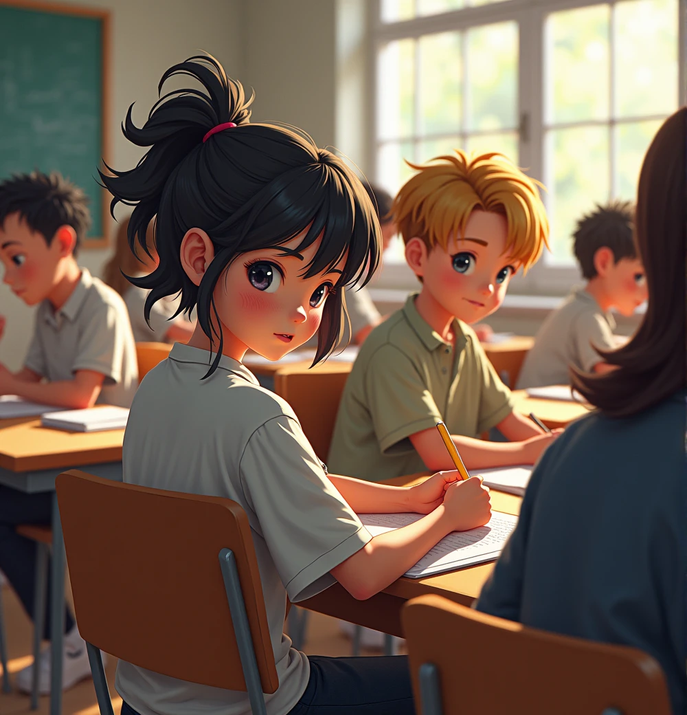 fund: A classroom with students and teachers in the background.  Personagens:                                                   1 The 18-year-old girl with black eyes, and freckles on her face, her hair is messy, and appears to be sleepy, She's sitting in the chair, looking back. 2 In the chair behind her, the 19 year old man, with blond hair smiling, sitting in the chair behind hers
