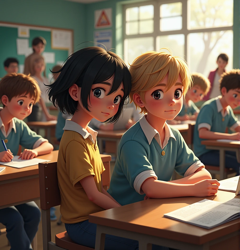 fund: A classroom with students and teachers in the background.  Personagens:                                                   1 The 18-year-old girl with black eyes, and freckles on her face, her hair is messy, and appears to be sleepy, She's sitting in the chair, looking back. 2 In the chair behind her, the 19 year old man, with blond hair smiling, sitting in the chair behind hers
