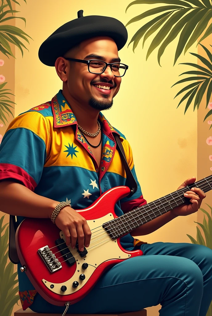 Light-skinned tropical musician with no hair and a fat build playing a vintage bass guitar in a square dressed in an Indian shirt with the Venezuelan flag smiling with glasses and a black beret