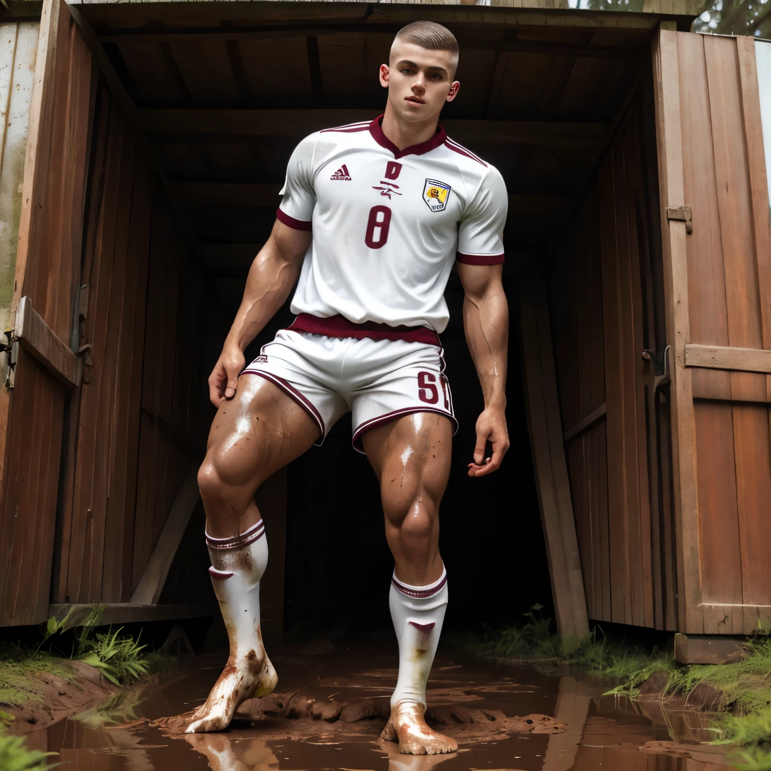 full body view, one young white european cute Soccer college boy with undercut clean shaved haircut , in muddy burgundy soccer jersey, muddy white soccer shorts, in his muddy long high white soccer socks, no shoes, stuck in mud, scared, looking at his muddy white socked feet