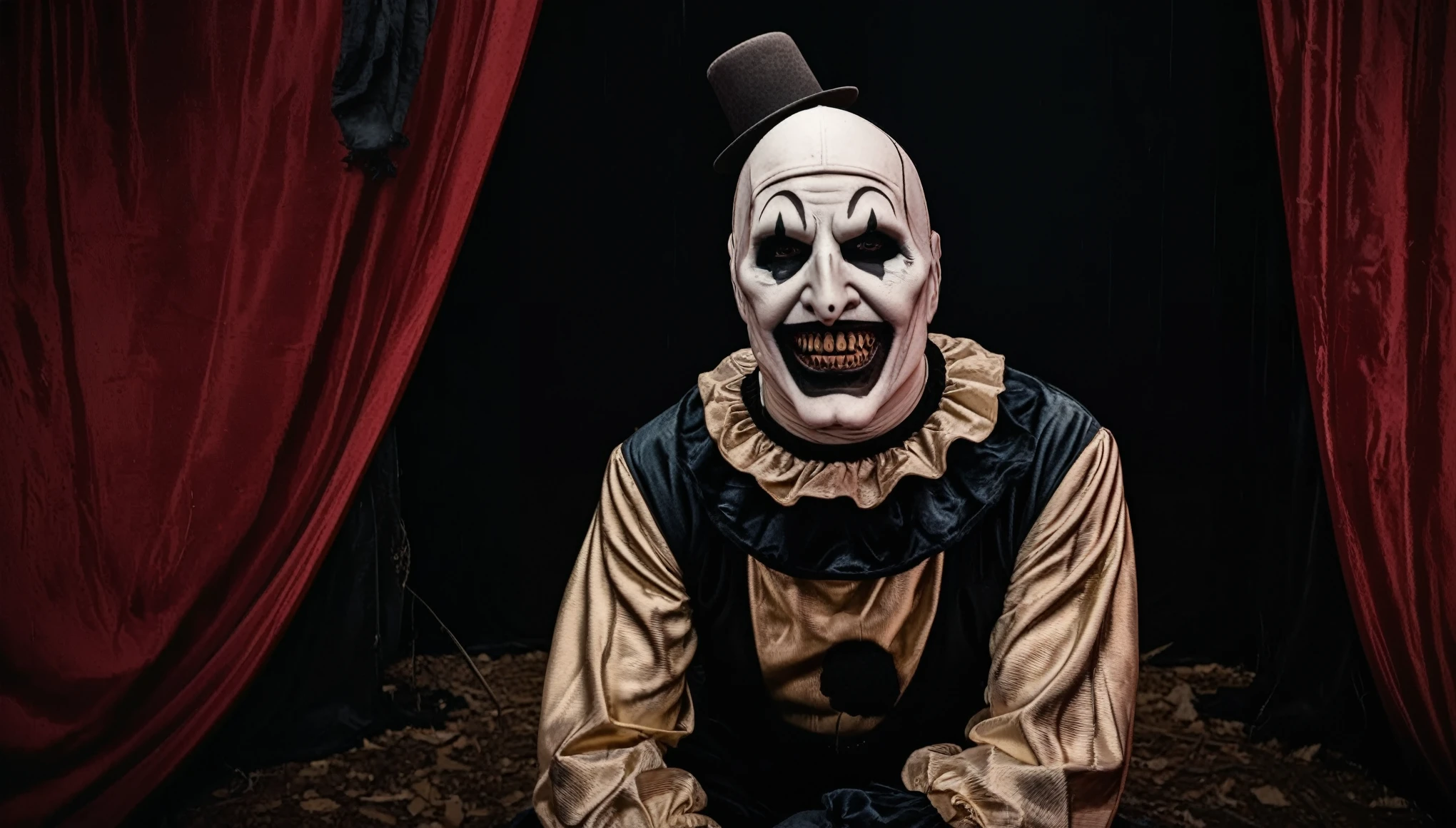 cinematic photo scary man in abandoned scary circus . 35mm photography, movie, hips, professional, 4K, very detailed