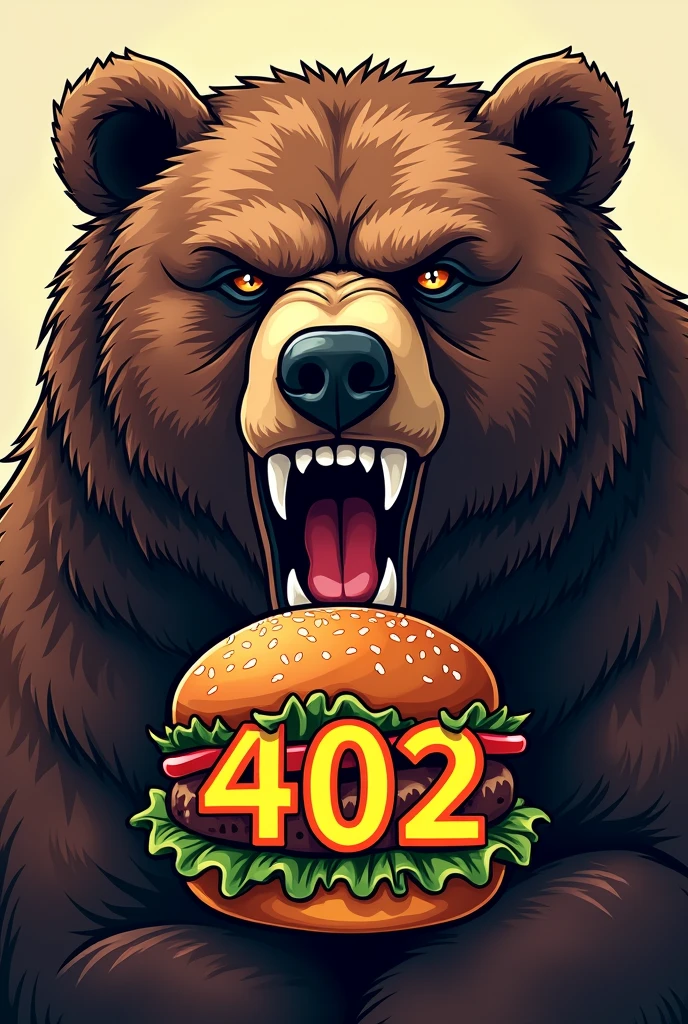 design the face of a ferocious bear biting a hamburger and in the middle of the hamburger put the numbers 402 in white outlined with orange and have the bear's face face the front