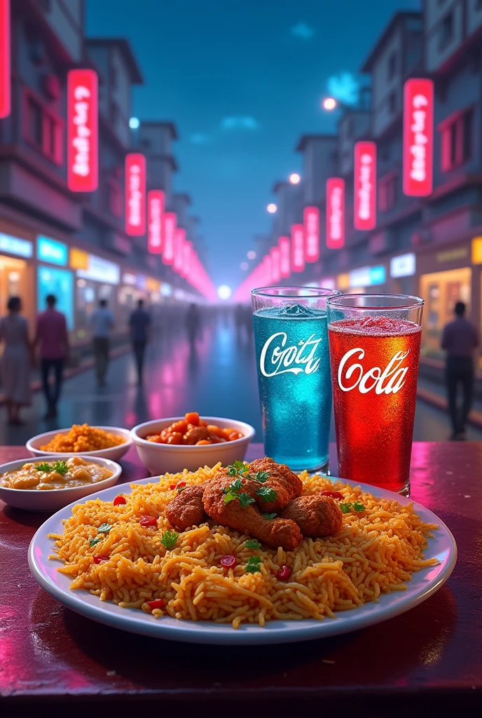 Chennai identical places and chicken briyani with side dish,coke all colours and neon lights
