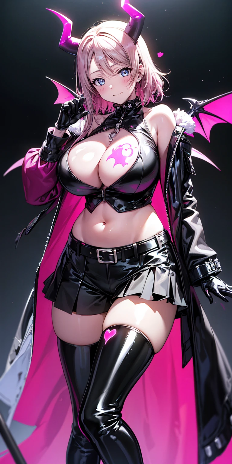 （（Highest quality，8k，T-And Star Piece：1.3）），Sharp focus：1.2，Pretty woman with perfect figure：1.4，，（Incredibly huge breasts：1.4），（Huge hips），smile，Thin abdominal muscles：1.2，（（Beige Hair，：1.4）），，Highly detailed face and skin texture，Fine grain，double eyelid、(Black Theme:1.3), (Gothic Punk:1.3), (studded leather jacket:1.1), (Latex leotard, Leotard Fusion Gothic Skirt, Frills, race:1.2), race-up boots, gloves, chain neckrace, choker, Chain Accessories, zettai ryouiki
、【prompt】

break (black and shocking pink theme:1.4), (Sexy succubus cosplay costume with genital tattoos:1.2), (sleeveless black latex high neck crop top with Heart-shaped cut keyhole:1.4), ((Bare shoulders, Bare arms, Bare thighs):1.3), (Black latex low rise micro shorts:1.3), (shocking pink grommet belt:1.3), (Tight latex black long sleeves:1.3), ((A combination of black high platform shoes and thigh-high boots) with heels:1.2), (shocking pink devil horns has bioluminescence glow LED-light on temporal region:1.3), (Large bat wings for cosplay:1.4), (Black wings:1), (shocking pink (Heart-shaped, Heart symbol) Bioluminescent LED light on belly:1.4), (Black prisoner&#39;s bracelet:1.2),
