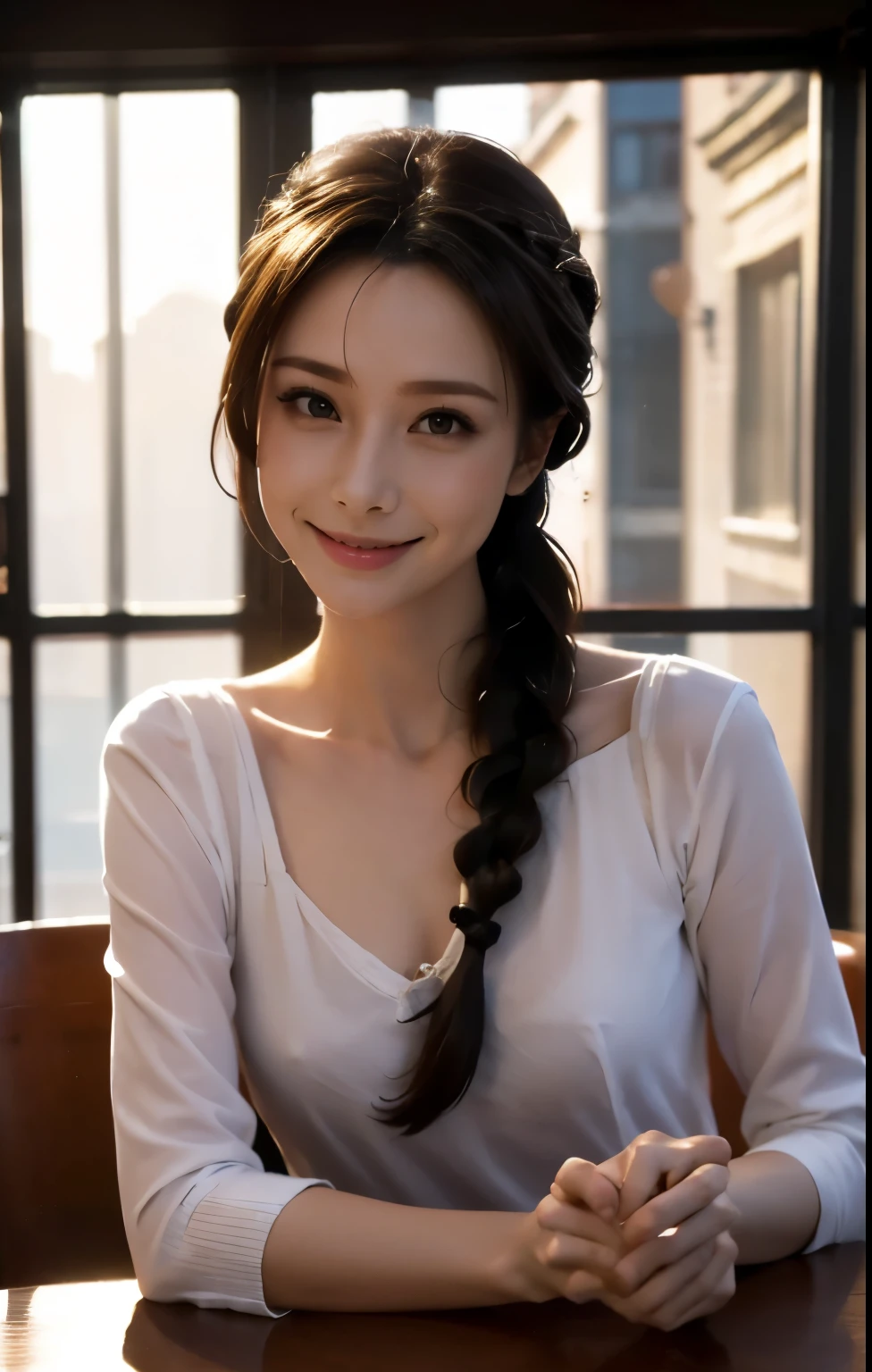 1woman,solo,28yo, grin,beautiful, portrait, slender ,sitting at a table at window in a cafeteria , cinematic, dark night, upper body,8k,antiquity，Two dimensions，((light and shadow))，((forehead)),(( braid)),8k,