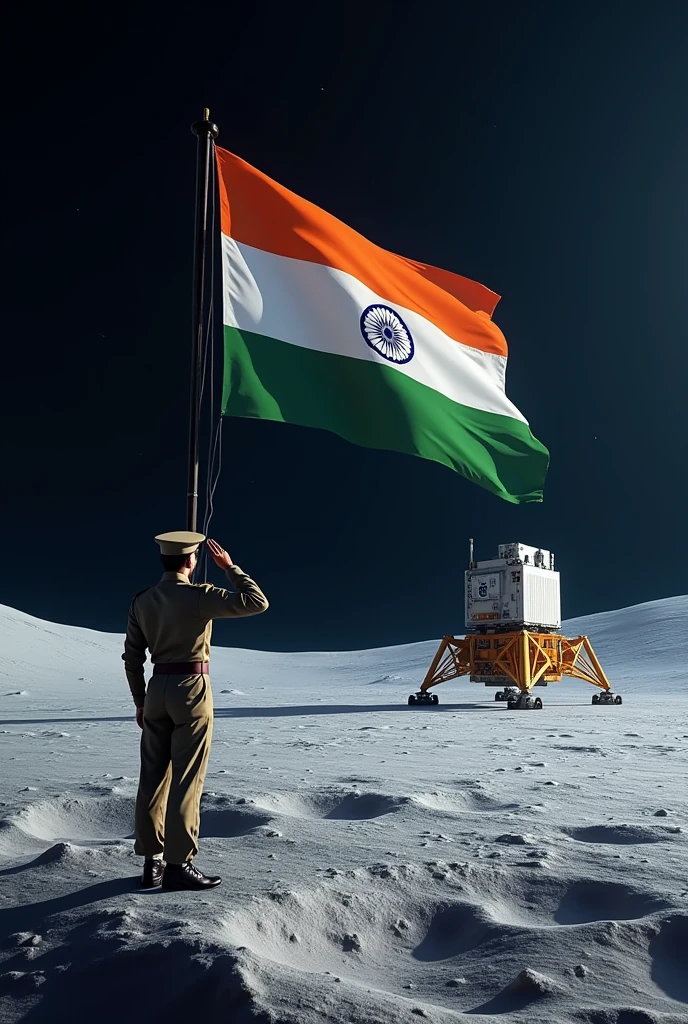 India independence day,India flag hoisted on the moon,in front of Indian soldier salute ,chnandaryaan
