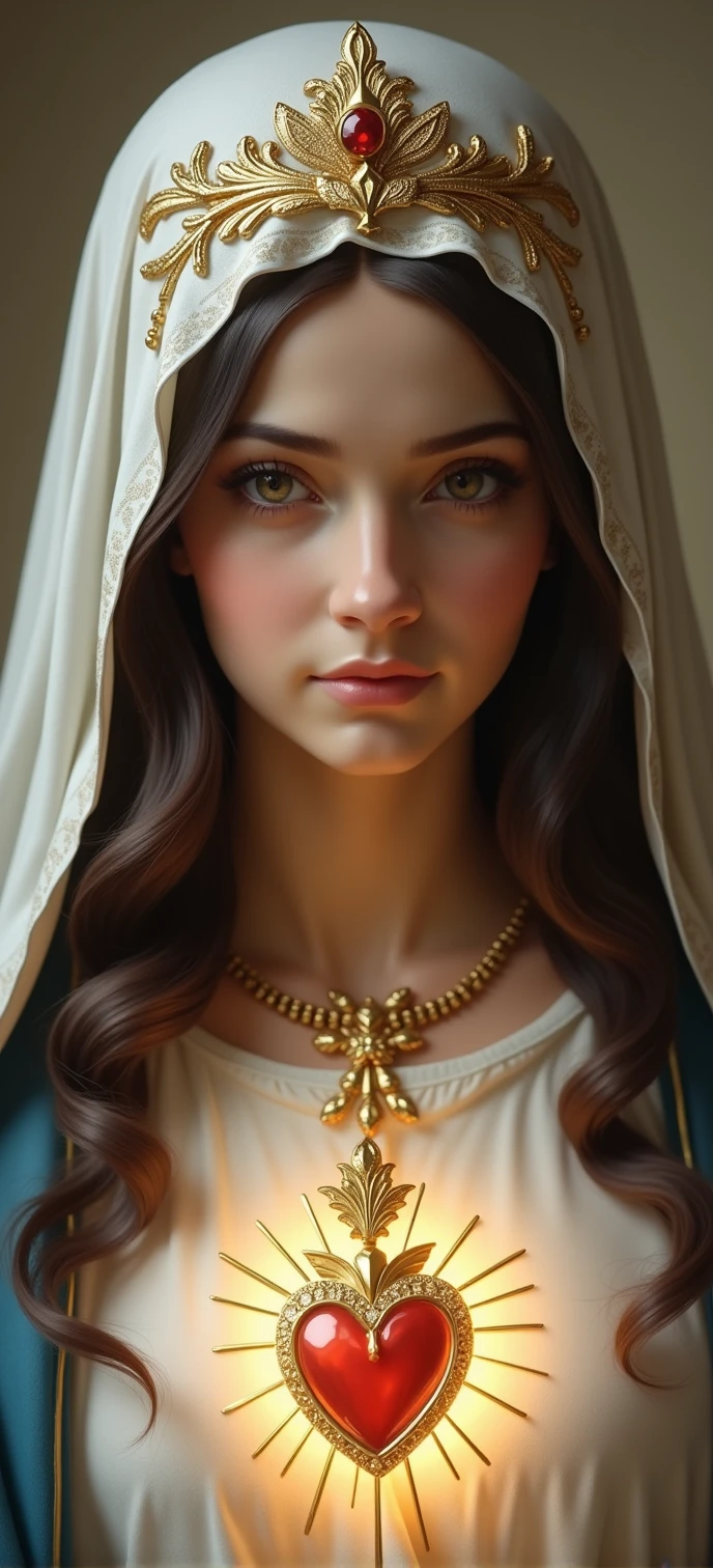 Our Lady of Fatima, Mary of Catholicism, face of mary, face perfect, rosto angelical, blackquality hair, white veil, ultra realisitic, wall-paper, super realistico, beautiful face, heavenly beauty, Catholic, holy mary, Mother of God, only upper part, Heart of Our Lady of Fatima, slightly-smile, cute face, facial expression of tenderness, slightly-smile, Maternal love, standing alone, perfect youthful face, detalhes super realistico, extreme detailed face, PICTURE REALISTIC, detail in the calm eyes, detalhe no face perfect, perfect catholic image,incredible beauty , gold and diamond crown, beautiful heart, Catholic Heaven.